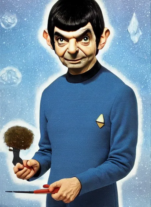Image similar to Mr bean as spock, detailed, realistic, in the style of Bob ross,