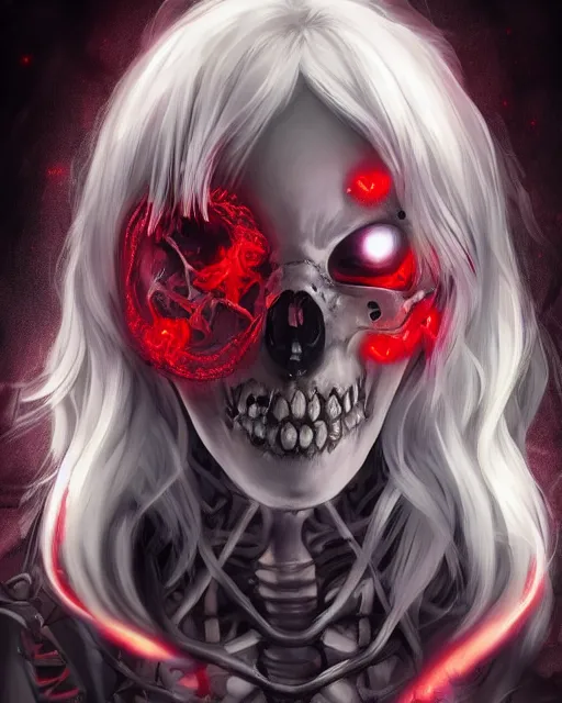 Image similar to A realistic anime portrait of a beautiful skeleton woman with glowing red eyes wearing clothes made of skulls, digital painting, by Stanley Artgerm Lau, Sakimichan, WLOP and Rossdraws, digtial painting, trending on ArtStation, SFW version