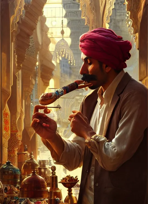 Image similar to an arabian man smoking a pipe in the market, shiny, fantasy, intricate, elegant, hyper detailed, ultra definition, photoreal, artstation, unreal engine rendered, concept art, smooth, sharp focus, illustration, art by artgerm and greg rutkowski and alphonse mucha and garis edelweiss