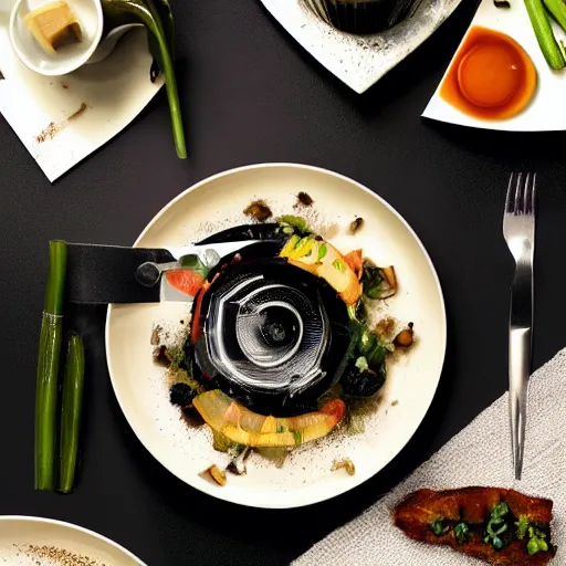 Prompt: a meal of slightly disgusting, but also futuristic designer food, professional food photography