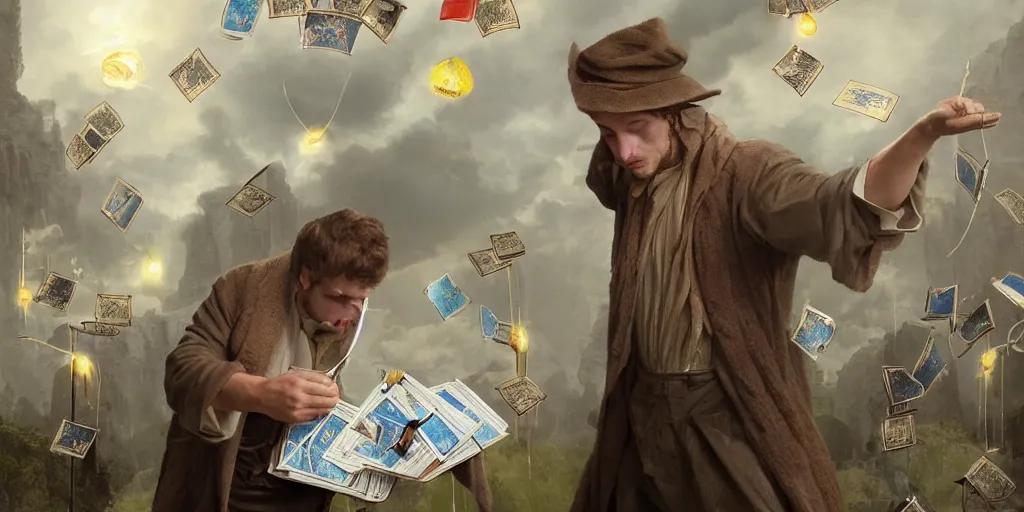 Image similar to male accountant examining the mysteries of tarot cards flying everywhere, magic everywhere, matte painting, high quality