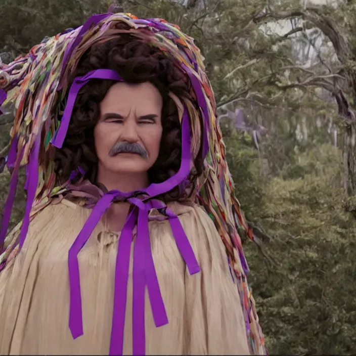 Prompt: a closeup portrait of a woman wearing a cloak made of ribbons, staring at an empty swing playground, claymation, movie still from the adventures of mark twain movie,