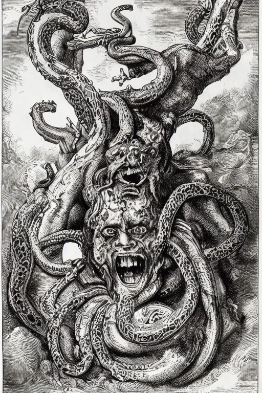 Prompt: very detailed ink drawing of a screaming head of Hercules with snakes coming out from the eyes, surrounded by serpents and falling feathers by gustave dore, poster, fine art, etching, biblical