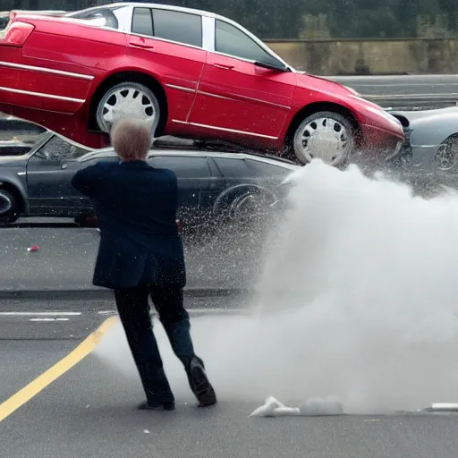 Image similar to photograph of donald trump smashing cars on the highway