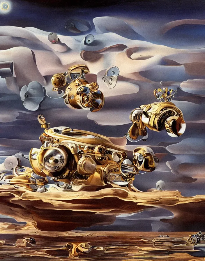 Prompt: Dream Bot Mothership oil painting by Salvador Dalí. Cinematic, hyper realism, high detail, octane render, 8k