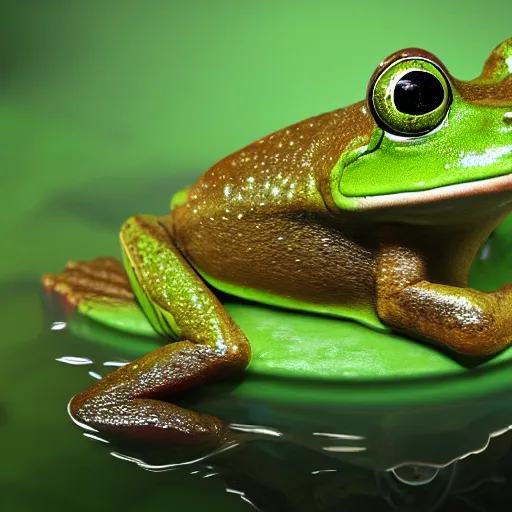 Prompt: green frog swimming in a glowing bright swamp at night, photorealistic render, bloom, bokeh blur, simulated, unreal engine, cgsociety