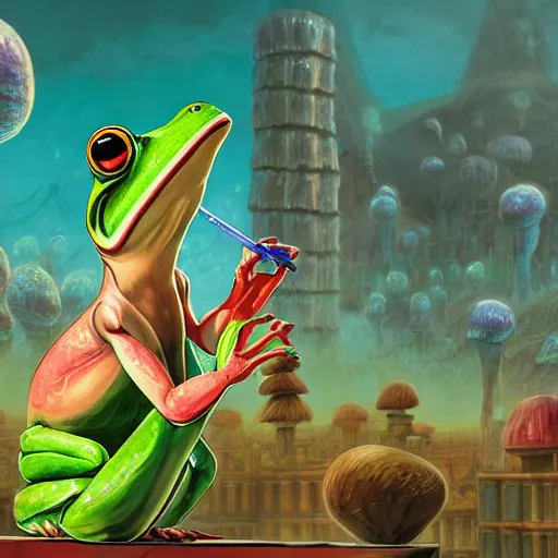 Image similar to A centered chest up portrait of a psychedelic godlike anthropomorphic frog smoking a hand-rolled cigarette , magic mushroom village in background . award winning. superb resolution. in the art style of junji Ito and greg rutkowski . Detailed Mushroom city in background. Hyper realistic anime. Perfect art. Dalle2