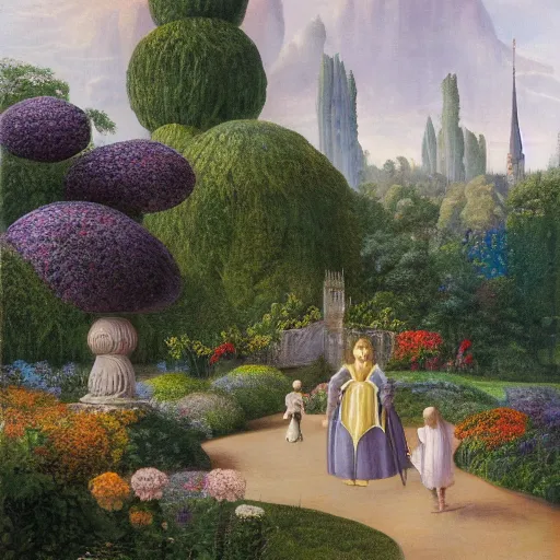 Prompt: Morning in the ethereal flower garden, Tower in the distance, wonderland, alice, as seen from the patio By Ferdinand Von Wright but it is high resolution photography