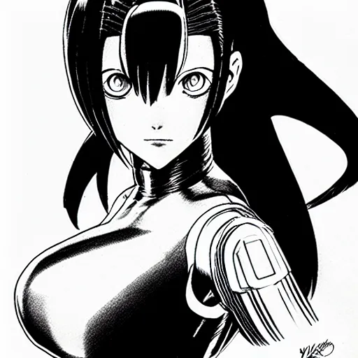 Image similar to alita by yukito kishiro. medium shot. black and white manga. pencil drawing.