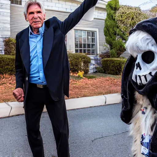 Image similar to harrison ford trick or treating on halloween, ( sony a 7 r iv, symmetric balance, polarizing filter, photolab, lightroom, 4 k, dolby vision, photography awardm, voque, perfect face )