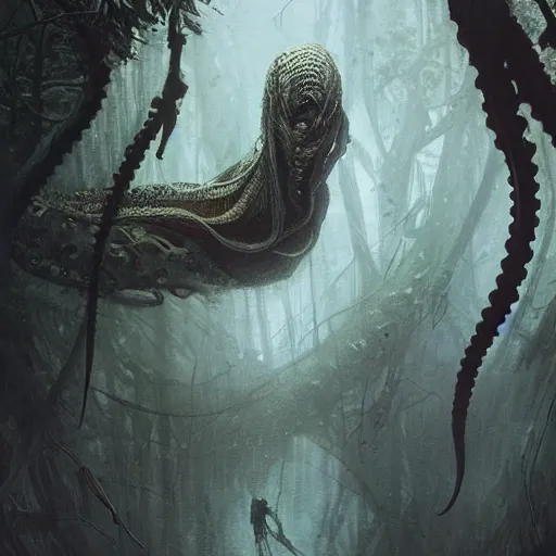 Image similar to epic hyperdetailed portrait of a haunting 🐙🕷 lurking in the shadows. by greg rutkowski, highly detailed portrait, rococo, digital painting, artstation, concept art, smooth, sharp foccus ilustration, artstation hq. intricate, elegant. art by wlop and artgerm and greg rutkowski and alphonse mucha, masterpiece. misty rainforest