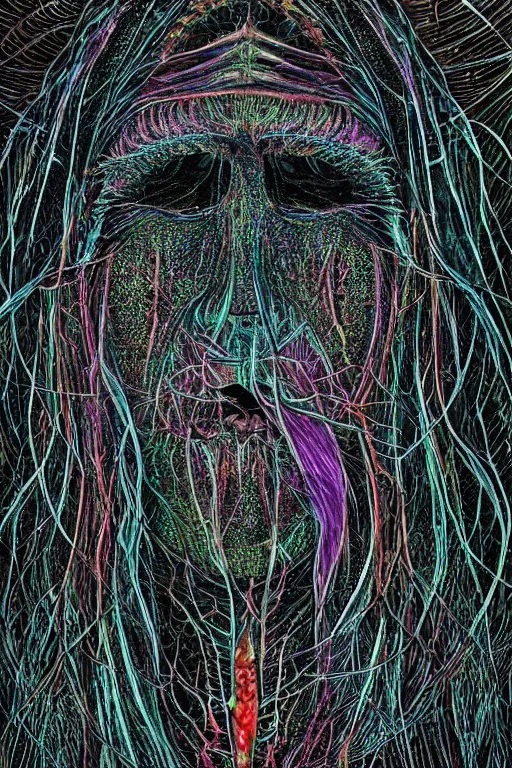 Image similar to dark portrait of one Bioluminescent old shaman, with cracked fractal semi-transparent skin. multicolored fish scales, closeup. long dark hair with insects and plant leaves. at night, realistic. intricate, very detailed, by alex grey and Moebius