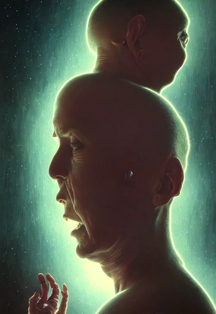 Prompt: Maynard James Keenan being abducted by aliens, close up, 80mm, dark light night, intricate, elegant, sharp focus, illustration, highly detailed, digital painting, concept art, matte, art by WLOP and Artgerm and Greg Rutkowski and Alphonse Mucha, masterpiece