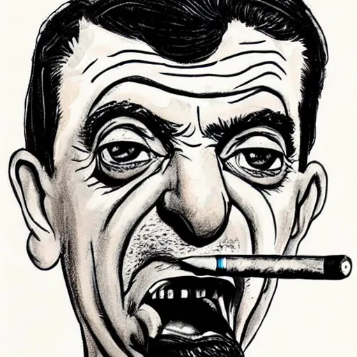 Prompt: mr bean dressed in leather, smoking a cigarette and looking like a total badass, messy energetic ink in the style of ralph steadman