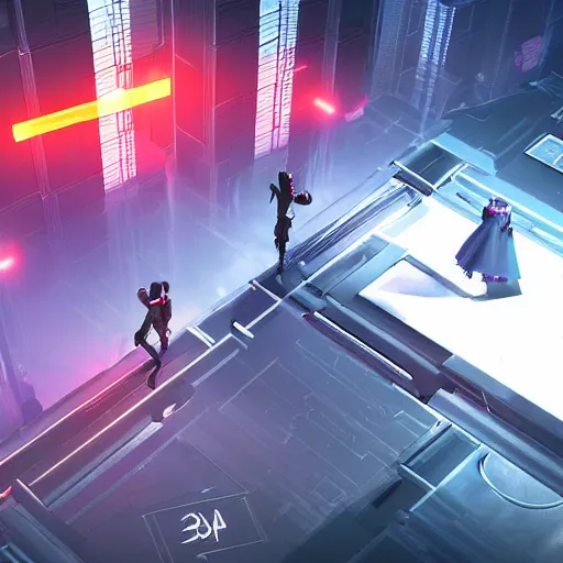 Prompt: An artificial intelligence designing an isometric futuristic rpg game, mirror's edge, 4k, dramatic lighting, high detail