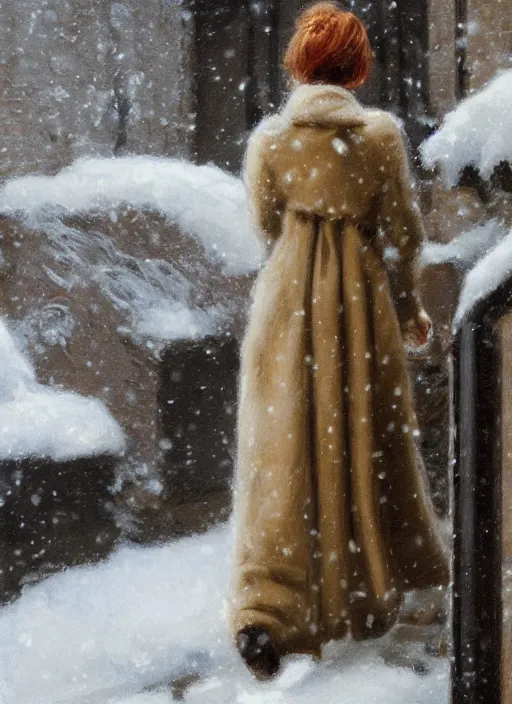 Image similar to back of emma stone in beige coat, walking into new york apartment building in winter, opening door, building entrance, snow, zoomed out, artwork by gaston bussiere, craig mullins, trending on artstation