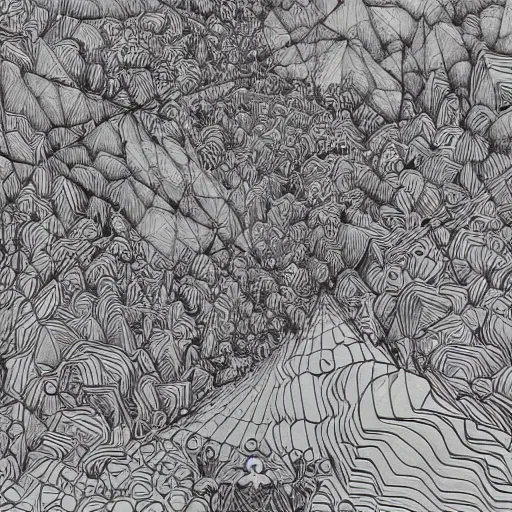 Image similar to Geometrically surreal cliffs, extremely high detail, photorealistic, intricate line drawings, dotart, album art in the style of James Jean