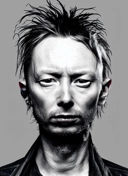 Image similar to a portrait of thom yorke from radiohead in kiss style makeup, realistic, photograph, high definition, 4 k, soft lighting