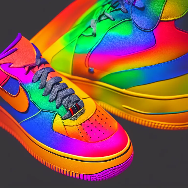 Image similar to photography of a realistic rainbow color air force sneaker, ultra detailed, 8 k, black background, trending on artstation