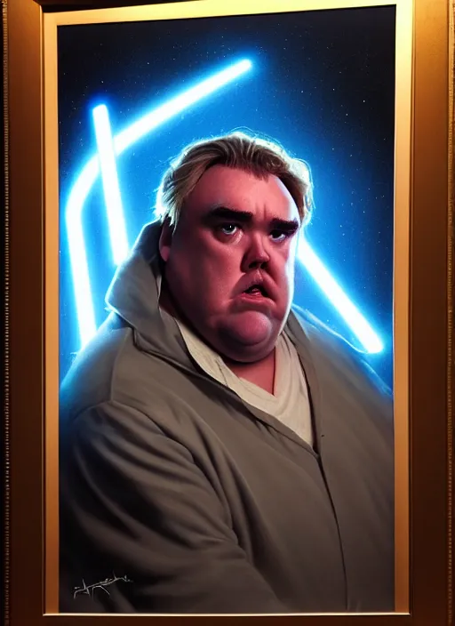 Image similar to hyper realistic, zoomed out portrait of a mega derpy john candy in star wars, stoned, by greg rutkowski, scott m fischer, artgerm, loish, slight glow, atmospheric, anne stokes, alexandros pyromallis