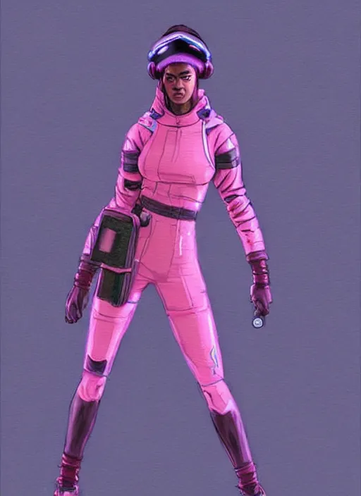 Prompt: apex legends cyberpunk athlete in pink jumpsuit. concept art by james gurney and mœbius. cinematic, hyper realism, realistic proportions, dramatic lighting, high detail 4 k