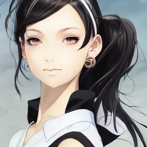 Image similar to luxury advertisement, astonishing portrait of a very beautiful anime high-school girl with black hair ponytail, white ribbon, full perfect face, realistic, highly detailed background, artstation, 120 degree view, drawn by Sasoura, Satchely and Akihiko Yoshida, no distortion