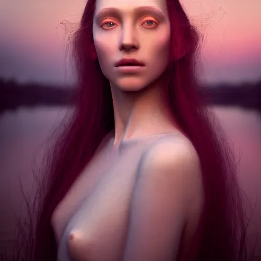 Image similar to photographic portrait of a stunningly beautiful english sorceress renaissance female in soft dreamy light at sunset, beside the river, soft focus, contemporary fashion shoot, in a denis villeneuve and tim burton movie, by edward robert hughes, annie leibovitz and steve mccurry, david lazar, jimmy nelsson, extremely detailed, breathtaking, hyperrealistic, perfect face, octane render