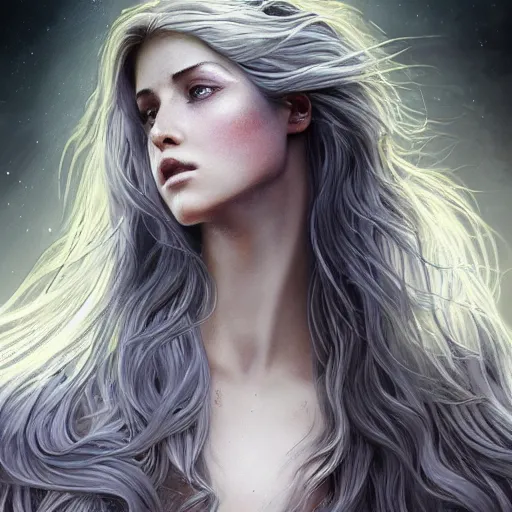 Prompt: epic portrait moon goddess, beauty, pretty face, glossy skin, long gray flowing hair, blurry backround pyramids, digital painting, artstation, concept art, soft light, hdri, smooth, sharp focus, illustration, fantasy, intricate, elegant, highly detailed, D&D, matte painting, in the style of Greg Rutkowski and Alphonse Mucha and artemisia, 8k, highly detailed, jurgens, rutkowski, bouguereau, pastoral, rustic, georgic