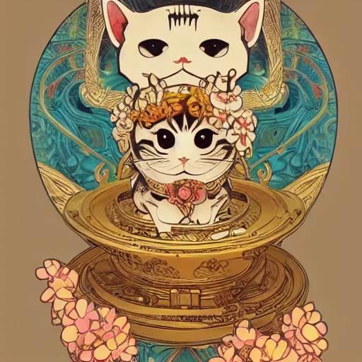 Image similar to A cute maneki neko waving, flowers around, D&D, fantasy, intricate, cinematic lighting, highly detailed, digital painting, artstation, concept art, smooth, sharp focus, illustration, art by Akihiko Yoshida, Greg Rutkowski and Alphonse Mucha