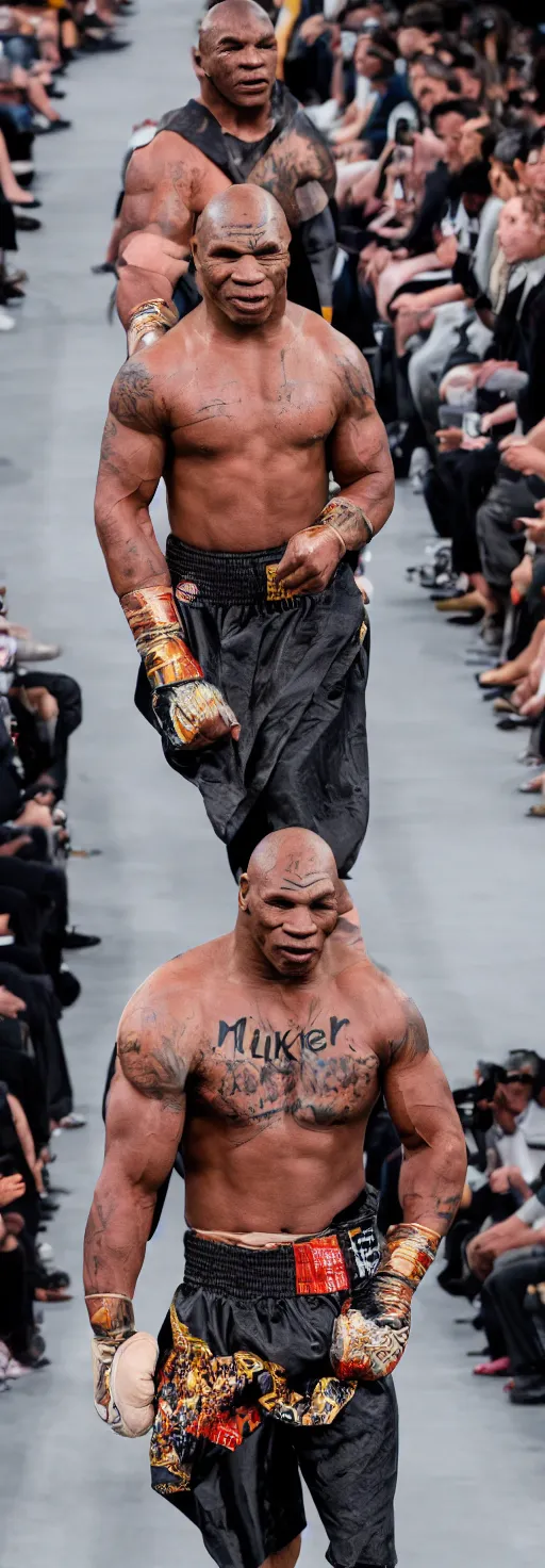 Image similar to hyperrealistic and heavy detailed 2321s runway show of mike tyson , Leica SL2 50mm, vivid color, high quality, high textured