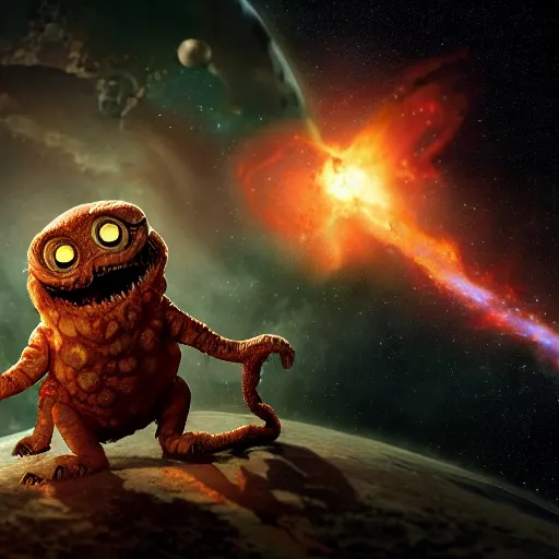 Prompt: one eldritch horror bloody garfield in space, galaxy, hd, 8 k, explosions, giant, epic, realistic photo, unreal engine, stars, prophecy, powerful, cinematic lighting, destroyed planet, debris, violent, sinister, ray tracing, dynamic, print, epic composition, dark, horrific, teeth