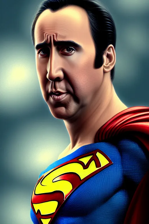 Image similar to portrait of nicolas cage as superman looking away from the camera, intricate, extremely detailed digital painting by greg rutkowski, artstation