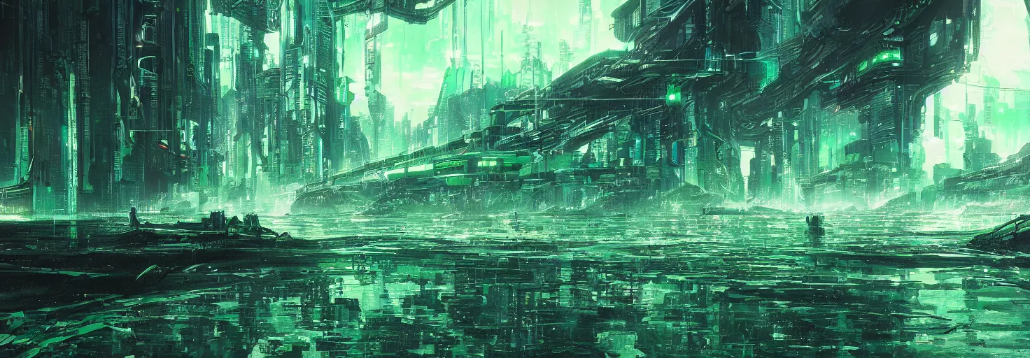 Image similar to reflective waves, cyberpunk texture, green coloring, by studio ghibli and greg rutkowski