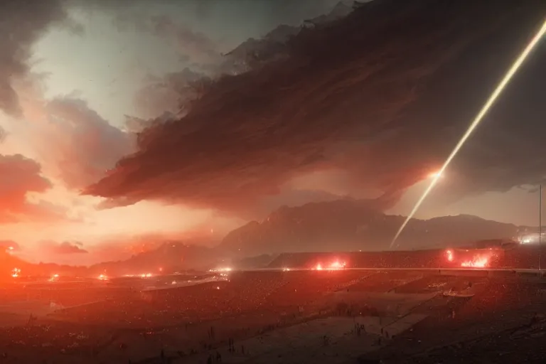 Image similar to meteorites fall from the red sky upon a crumbling football stadium, crowds panic, cinematic lighting by Jessica Rossier, stunning volumetric lighting, photorealistic, hyper detailed, unreal engine 5, IMAX quality, cinematic, epic lighting