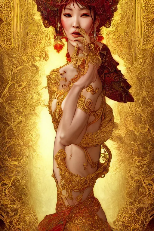 Image similar to tarot card artstation, portrait of an asian love dancer, sunrise, baroque ornamnet and rococo ornament, ancient chinese ornate, hyperdetailed, beautiful lighting, craig mullins, mucha, klimt, yoshitaka amano, red and gold and orange color palatte