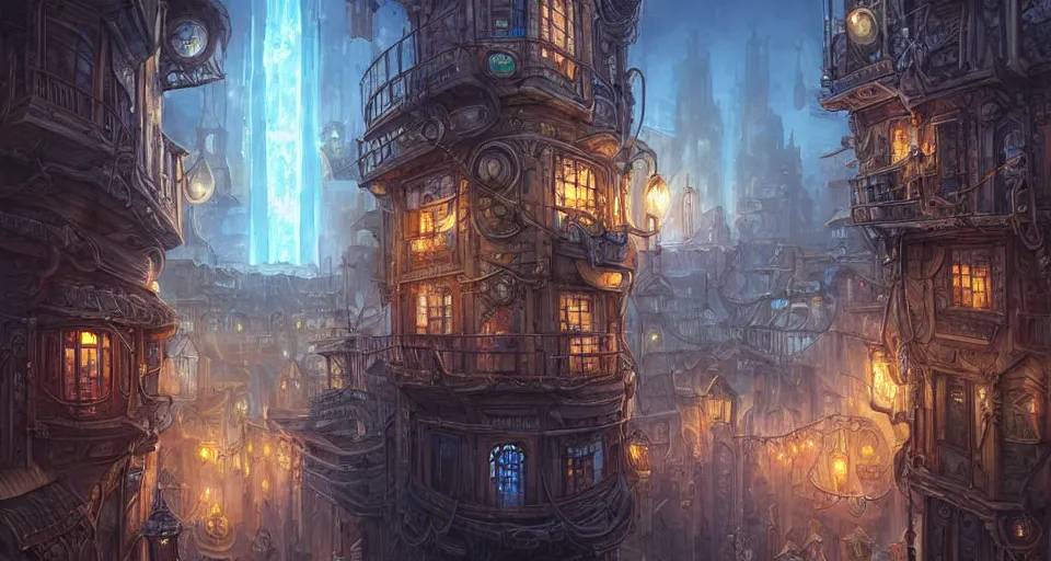 Image similar to landscape painting of fantasy metal steampunk city that has a light blue glow with walkways and lit windows with focus on hooded thieves in leathers climbing the buildings using a rope, fine details, magali villeneuve, artgerm, rutkowski