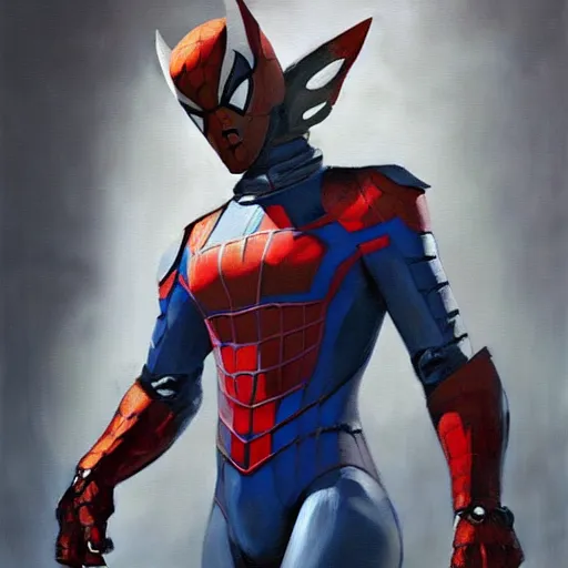 Image similar to greg manchess portrait painting of armored spiderman ultraman grey fox from metal gear cyborg gay japanese - american hybrid as overwatch character, medium shot, asymmetrical, profile picture, organic painting, sunny day, matte painting, bold shapes, hard edges, street art, trending on artstation, by huang guangjian and ail elvgren and sachin teng