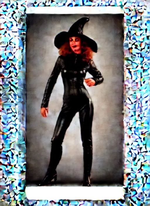 Image similar to perfectly centred realistic picture of a character dressed in leather tight suit and witch hat, dark,!! poster from 8 0 - s by waldemar swierzy,