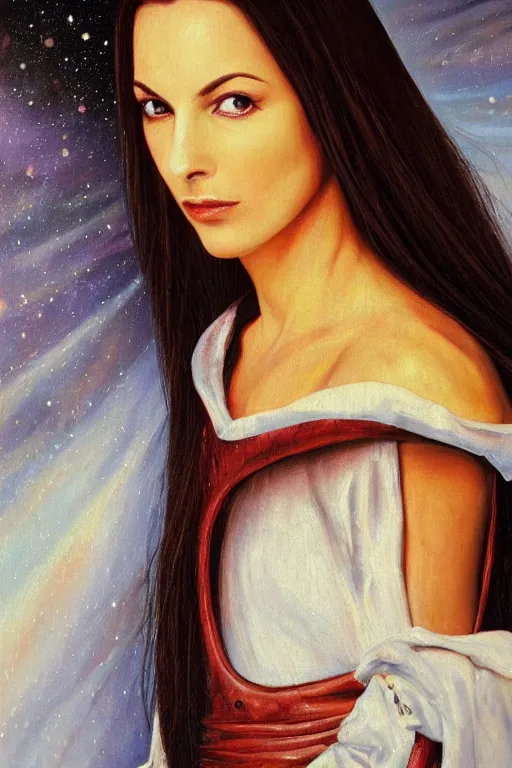 Prompt: hyperrealism oil painting, close - up portrait of carole bouquet medieval brunette vampire fashion model, knight, steel gradient mixed with nebula sky, in style of baroque