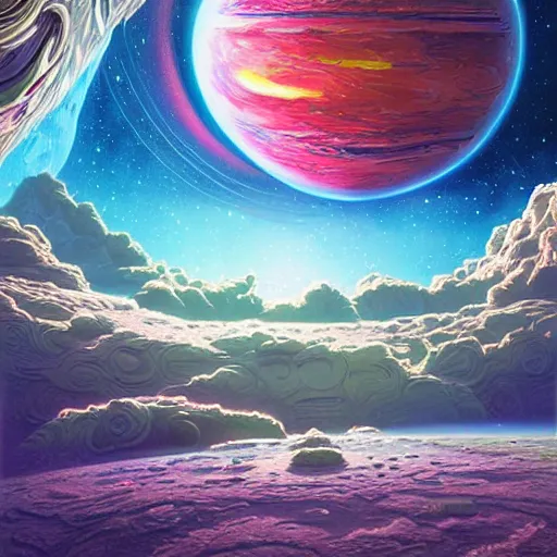 Image similar to space landscape, illustration painting, oil on canvas, intricate, detailed illustration, hd, digital art, overdetailed art, concept art, complementing colors, detailed, illustration painting by alex gray, digital art, overdetailed art, concept art, matte painting, concept art, complementing colors rendered by beeple, syd meade