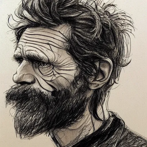 Image similar to a realistic yet scraggly portrait sketch of the side profile of a stern and sophisticated willem dafoe with a beard, trending on artstation, intricate details, in the style of frank auerbach, in the style of sergio aragones, in the style of martin ansin, in the style of david aja, in the style of mattias adolfsson