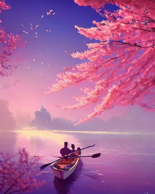 Image similar to a couple in a rowboat traveling down the river | cherry - blossoms | highly detailed | very intricate | serene romantic fantasy whimsical magical | soft bright natural morning light | pixar | award - winning | matte painting by anton fadeev and paul lehr and rhads and alena aenami | pastel color palette | featured on artstation