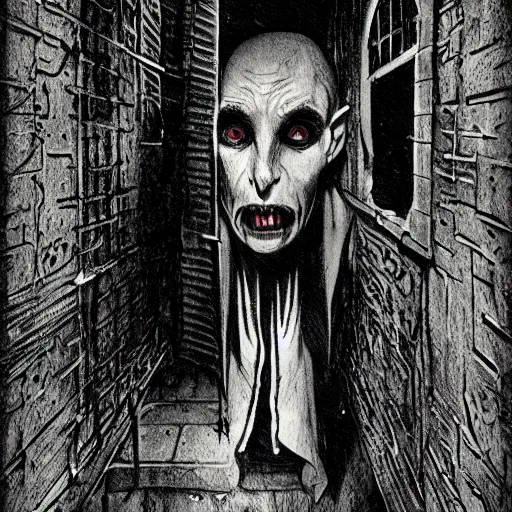 Prompt: portrait painting of a nosferatu office lady dancing in the sewers, sharp focus, ultra realistic, concept art, intricate details, eerie, highly detailed, photorealistic, dark, black and white, rpg art vampire the masquerade. art by tim bradstreet