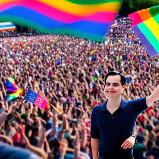 Prompt: i highly detailed photo of ben shapiro waving a rainbow flag in the middle of a crowd, realistic photo, high definition, high quality photo, detailed face, detailed body, full body