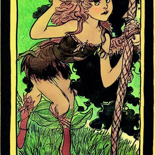 Prompt: a cute little girl fairy from a comic book with a mischievous face and short brown wavy curly hair. well composed, clean elegant painting, beautiful detailed face. comic book art by steve ditko and jack kirby and arthur rackham