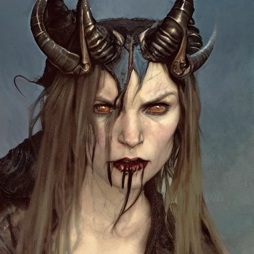 Image similar to closeup portrait of a surly and resentful female tiefling thief with grit and small horns clothed in leather armor and a cloak, angry expression, by Greg Rutkowski and John Collier and Krenz Cushart and Artem Demura and Alphonse Mucha and Albert Aublet, as seen on ArtStation, 4k, dungeons and dragons, very aesthetic, very detailed, intricate, unreal, fantasy, dramatic, painterly, artstation, sharp focus, smooth