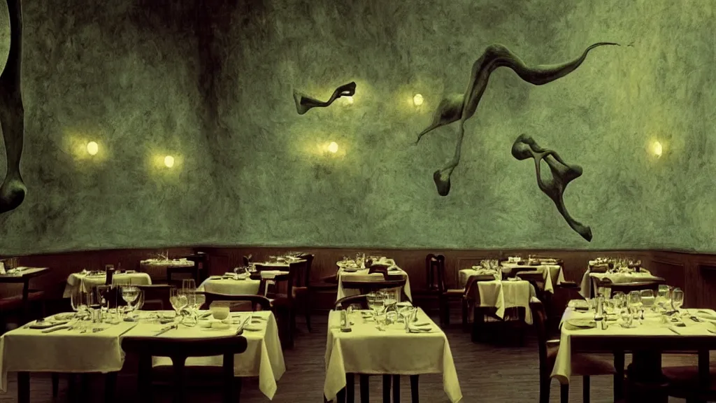 Image similar to the restaurant walls are bending, film still from the movie directed by denis villeneuve and david cronenberg with art direction by salvador dali and zdzisław beksinski, wide lens