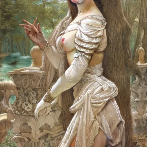 Prompt: a masterpiece ultrarealistic ultradetailed portrait of a incredibly beautiful girl in incredible white goledn armor. baroque renaissance. in forest. medium shot, intricate, elegant, highly detailed. trending on artstation, by sir lawrence alma - tadema, john william godward, arnold bocklin, herbert james draper, digital art