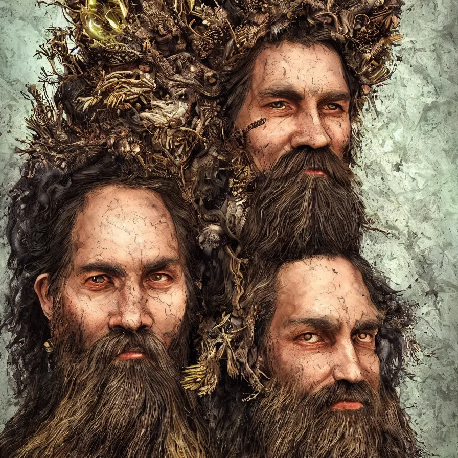 Prompt: Portrait of the Primeval Forest God, a bearded Western male druid deity that presides over nature and brings wisdom onto the world. His body is partially covered in tree bark. Headshot, insanely nice professional hair style, dramatic tribal dark hair color, bright colourful halo around the head, digital painting, of a old 17th century, amber jewels, baroque, ornate clothing, tribalistic sci-fi, realistic, hyper-detailed, chiaroscuro, concept art, art by Franz Hals and Jon Foster and Ayami Kojima and Amano and Karol Bak,