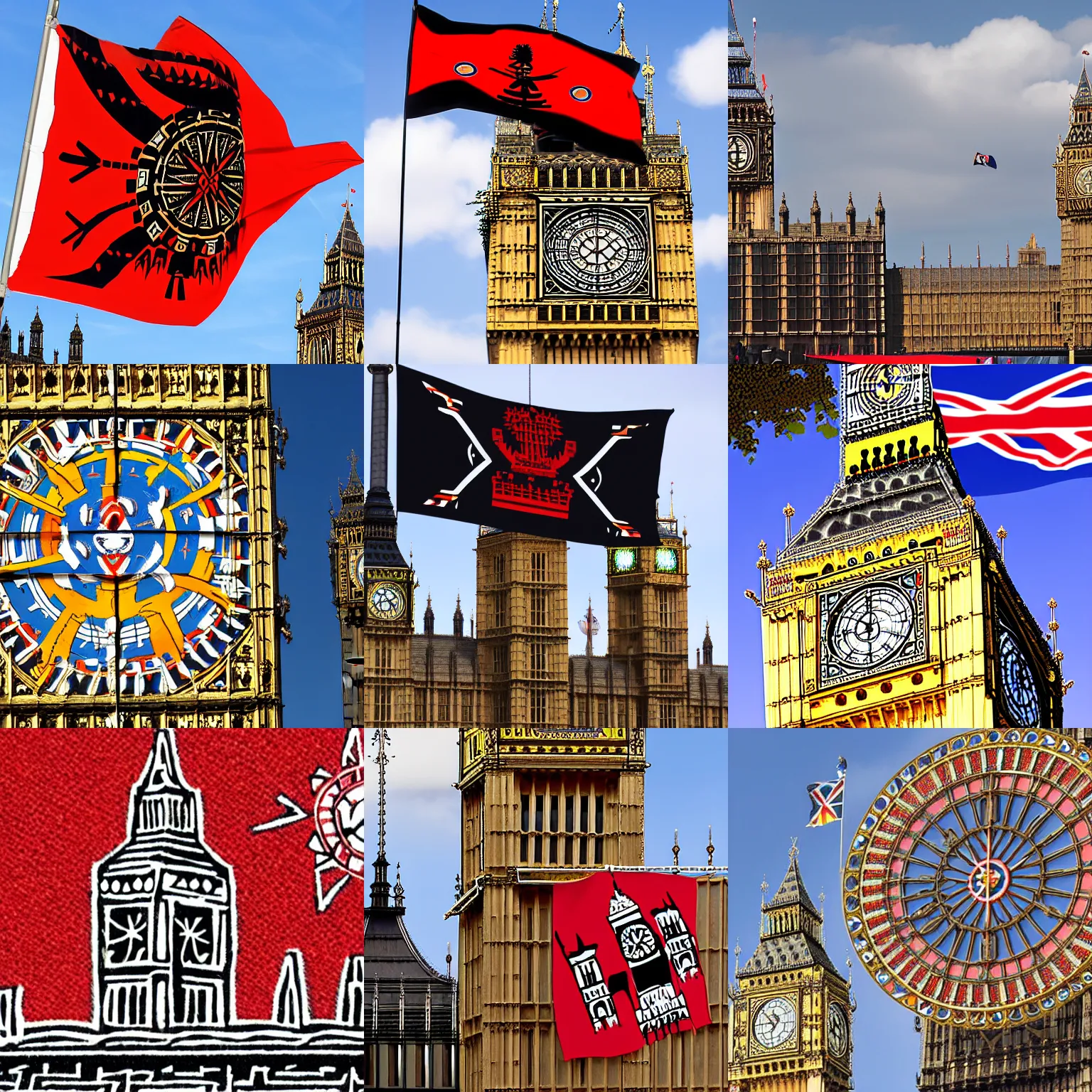 Prompt: An Aztec flag flying over Big Ben, London, loading screen art for the game 'Europa Universalis 4'